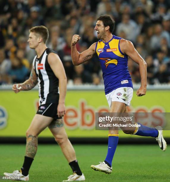 Dean Cox of the Eagles celebrates a goal during the round 10 AFL match between the Collingwood Magpies and West Coast Eagles at Melbourne Cricket...