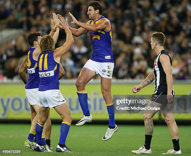 Dean Cox of the Eagles celebrates a goal during the round 10 AFL match between the Collingwood Magpies and West Coast Eagles at Melbourne Cricket...