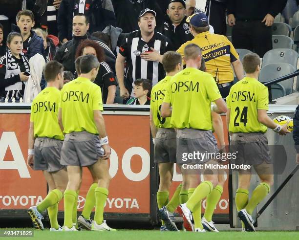 Magpies fan abuses the umpires during the round 10 AFL match between the Collingwood Magpies and West Coast Eagles at Melbourne Cricket Ground on May...