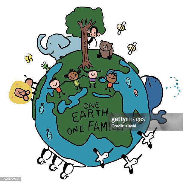 happy stick figure children holding hands and animals on earth - universal salvation stock illustrations