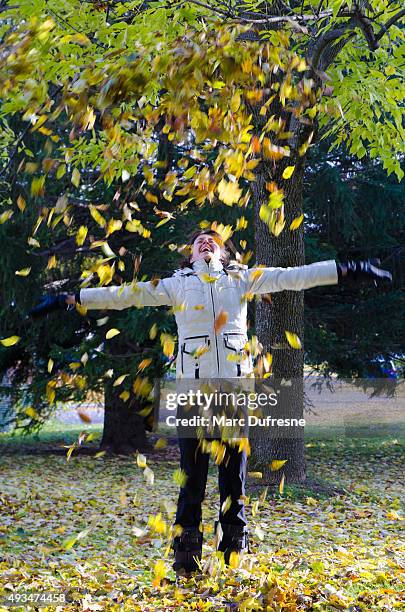 woman playing with autumn leaves - paparazzi x posed stock pictures, royalty-free photos & images