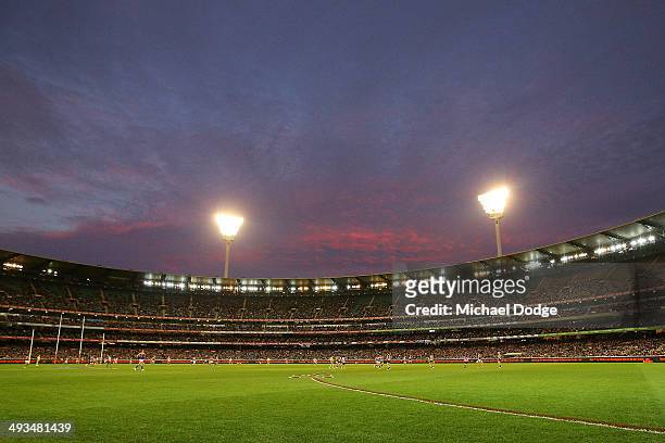 General view is seen during the round 10 AFL match between the Collingwood Magpies and West Coast Eagles at Melbourne Cricket Ground on May 24, 2014...