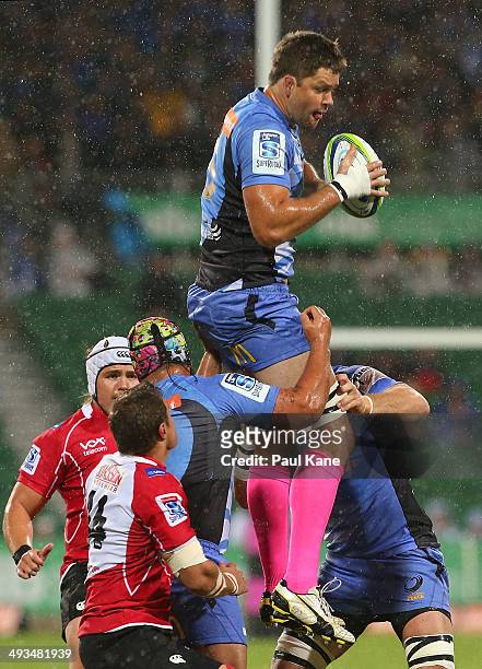 Wilhelm Steenkamp of the Force wins a line-out during the round 15 Super Rugby match between the Western Force and the Lions at nib Stadium on May...