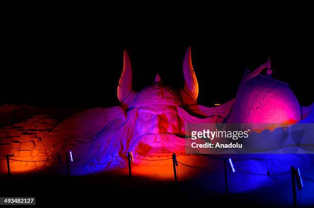 The statue of a Viking King is displayed at International Antalya Sand Sculpture Festival , which is among the worlds largest sand sculpture events,...