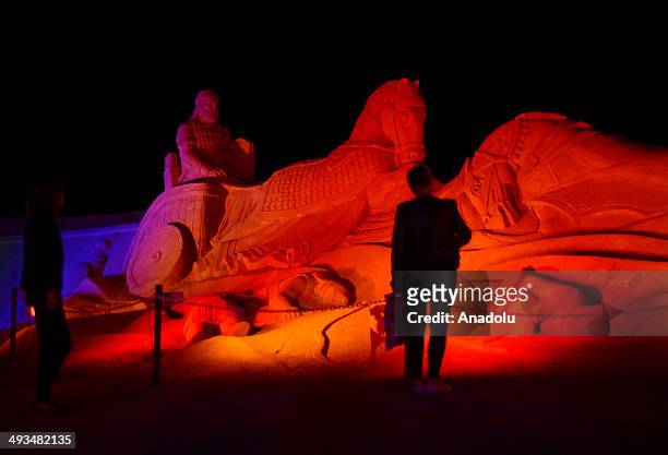 The statue depicting 'Battle of Kadesh' between the forces of the Egyptian Empire and the Hittite Empire, is displayed at International Antalya Sand...