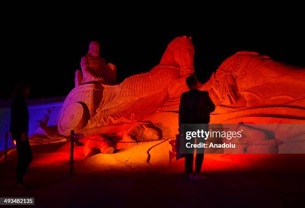 The statue depicting 'Battle of Kadesh' between the forces of the Egyptian Empire and the Hittite Empire, is displayed at International Antalya Sand...