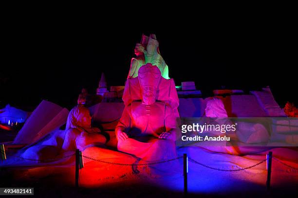 The statue of Suleiman the Magnificent, Sultan of the Ottoman Empire, is displayed at International Antalya Sand Sculpture Festival , which is among...