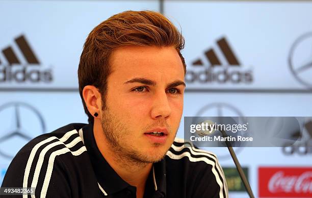 Mario Goetze talks to the media during the German National team press conference at St.Martin press center on May 24, 2014 in St. Martin in Passeier,...