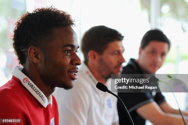 Raheem Sterling speaks to the media after the England training session on May 21, 2014 in Lagoa, Algarve, Portugal.