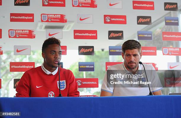 Raheem Sterling speaks to the media after the England training session on May 21, 2014 in Lagoa, Algarve, Portugal.