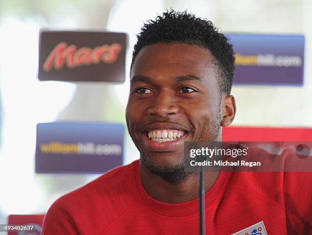 Daniel Sturridge speaks to the media after the England training session on May 21, 2014 in Lagoa, Algarve, Portugal.