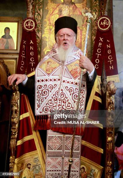 Ecumenical Patriarch of Constantinople Bartholomew I prays at the Church of the Nativity, believed to be the birth place of Jesus Christ, on May 24,...