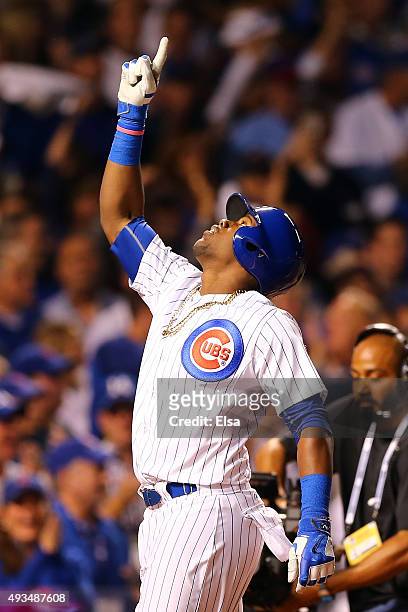 Jorge Soler of the Chicago Cubs celebrates after hitting a solo home run in the fourth inning against Jacob deGrom of the New York Mets during game...