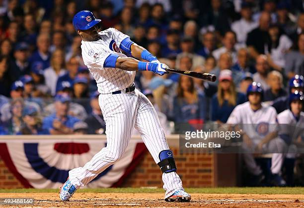 Jorge Soler of the Chicago Cubs hits a solo home run in the fourth inning against Jacob deGrom of the New York Mets during game three of the 2015 MLB...