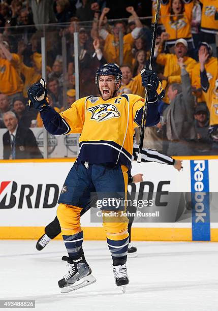 Shea Weber of the Nashville Predators celebrates his goal against the Tampa Bay Lightning during an NHL game at Bridgestone Arena on October 20, 2015...