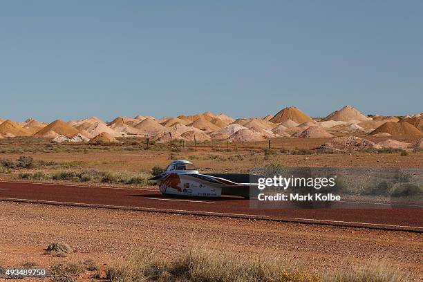 Nuna8 of Nuon Solar Team Netherlands arrive into Coober Pedy as they race on day four in the Cruiser Class of the 2015 World Solar Challenge on...