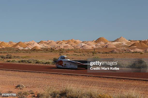 Nuna8 of Nuon Solar Team Netherlands arrive into Coober Pedy as they race on day four in the Cruiser Class of the 2015 World Solar Challenge on...