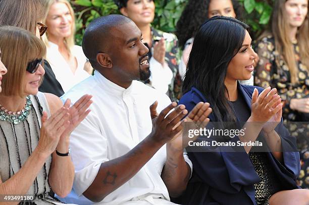 Vogue Editor in Chief Anna Wintour, recording artist Kanye West and TV personality Kim Kardashian attend CFDA/Vogue Fashion Fund Show and Tea at...