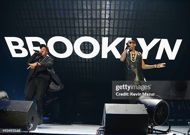 Rappers Jay-Z and Fabolous perform onstage during TIDAL X: 1020 Amplified by HTC at Barclays Center of Brooklyn on October 20, 2015 in New York City.