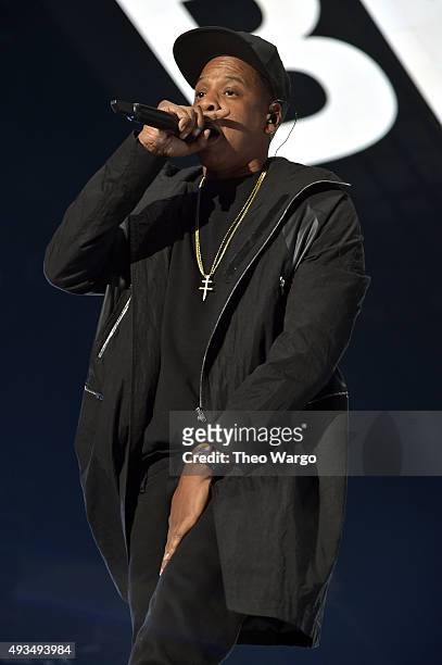 Rapper Jay-Z performs onstage during TIDAL X: 1020 Amplified by HTC at Barclays Center of Brooklyn on October 20, 2015 in New York City.