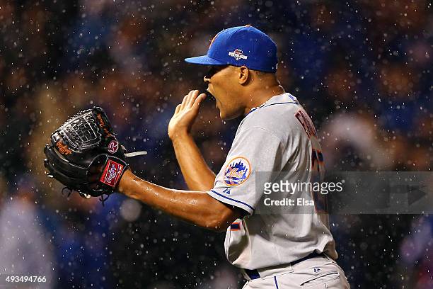 Jeurys Familia of the New York Mets celebrates after defeating the Chicago Cubs in game three of the 2015 MLB National League Championship Series at...