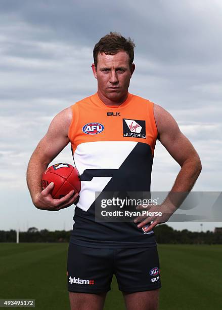 Steve Johnson of the Giants poses during a Greater Western Sydney Giants AFL media opportunity at Tom Wills Oval on October 21, 2015 in Sydney,...