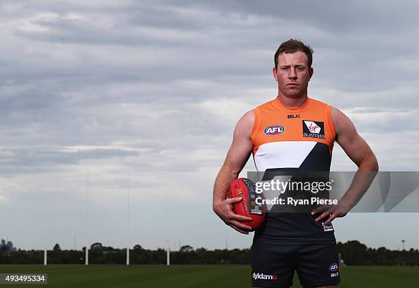 Steve Johnson of the Giants poses during a Greater Western Sydney Giants AFL media opportunity at Tom Wills Oval on October 21, 2015 in Sydney,...