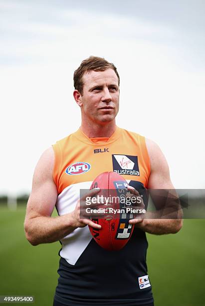 Steve Johnson of the Giants poses during a Greater Western Sydney Giants AFL media opportunity at Tom Wills Oval on October 21, 2015 in Sydney,...