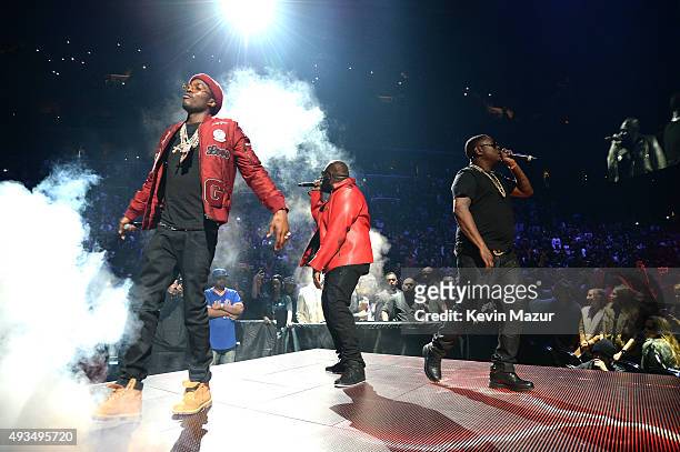 Rappers Meek Mill, Rick Ross and French Montana perform onstage during TIDAL X: 1020 Amplified by HTC at Barclays Center of Brooklyn on October 20,...