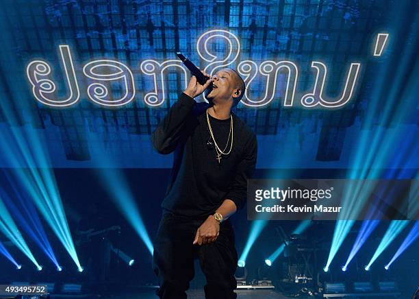 Rapper Jay-Z performs onstage during TIDAL X: 1020 Amplified by HTC at Barclays Center of Brooklyn on October 20, 2015 in New York City.