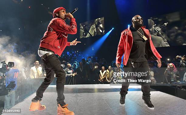 Rappers Meek Mill and Rick Ross perform onstage during TIDAL X: 1020 Amplified by HTC at Barclays Center of Brooklyn on October 20, 2015 in New York...