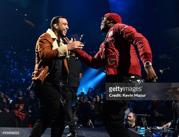 Rappers French Montana and Meek Mill perform onstage during TIDAL X: 1020 Amplified by HTC at Barclays Center of Brooklyn on October 20, 2015 in New...