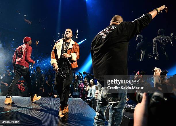 Meek Mill, French Montana and DJ Khaled perform onstage during TIDAL X: 1020 Amplified by HTC at Barclays Center of Brooklyn on October 20, 2015 in...