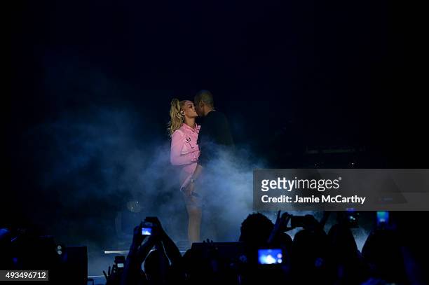 Beyonce and Jay-Z perform onstage during TIDAL X: 1020 Amplified by HTC at Barclays Center of Brooklyn on October 20, 2015 in New York City.