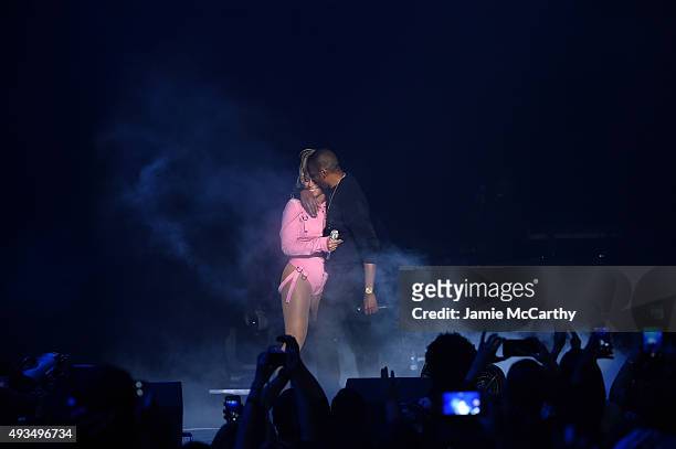 Beyonce and Jay-Z perform onstage during TIDAL X: 1020 Amplified by HTC at Barclays Center of Brooklyn on October 20, 2015 in New York City.