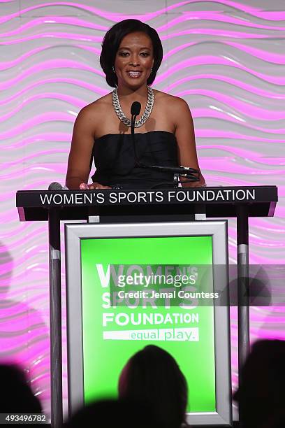 Angela Hucles speaks onstage during the 36th Annual Salute to Women In Sports at Cipriani Wall Street on October 20, 2015 in New York City.