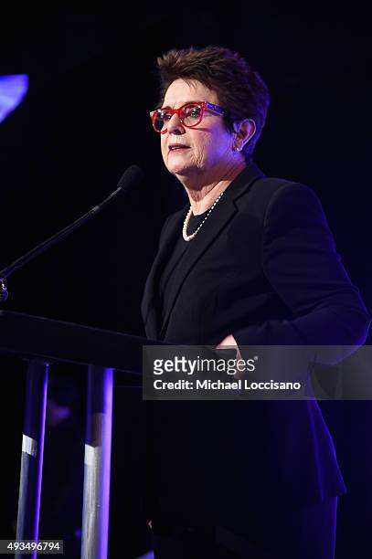 Billie Jean King speaks onstage during the 36th Annual Salute to Women In Sports at Cipriani Wall Street on October 20, 2015 in New York City.