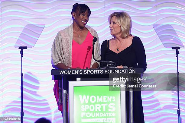 Track & Field athlete Jackie Joyner-Kersee speaks on stage with Swimmer Donna de Varona at 36th Annual Salute to Women In Sports at Cipriani Wall...