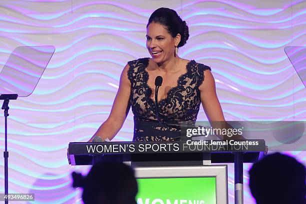 Softball Athlete, Jessica Mendoza, speaks on stage at the 36th Annual Salute to Women In Sports at Cipriani Wall Street on October 20, 2015 in New...