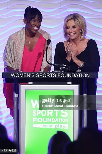 Track & Field athlete Jackie Joyner-Kersee speaks on stage with Swimmer Donna de Varona at 36th Annual Salute to Women In Sports at Cipriani Wall...