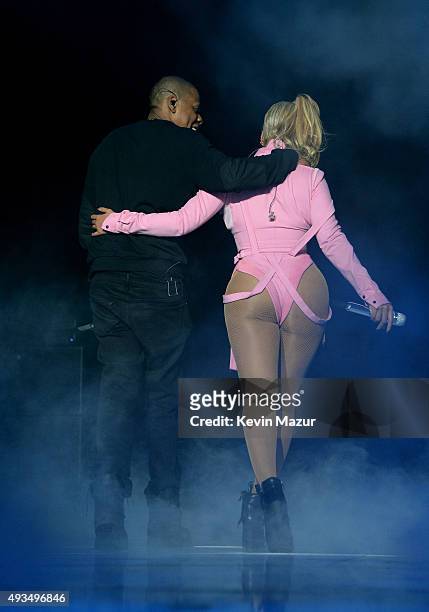 Jay-Z and Beyonce perform onstage during TIDAL X: 1020 Amplified by HTC at Barclays Center of Brooklyn on October 20, 2015 in New York City.