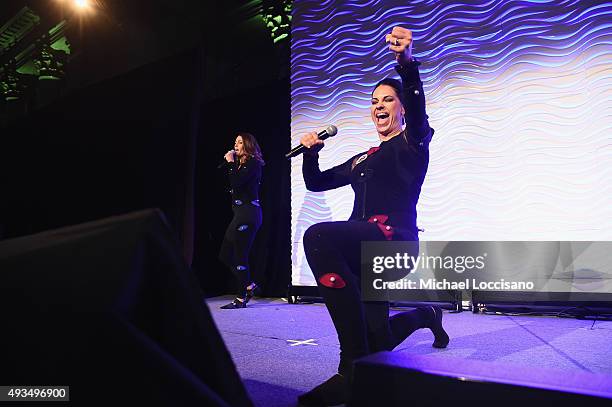 Soccer player Julie Foudy and Softball player Jessica Mendoza speak onstage during the 36th Annual Salute to Women In Sports at Cipriani Wall Street...