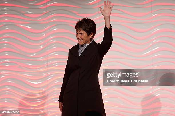 Tennis Player, Ilana Kloss, waves on stage at the 36th Annual Salute to Women In Sports at Cipriani Wall Street on October 20, 2015 in New York City.