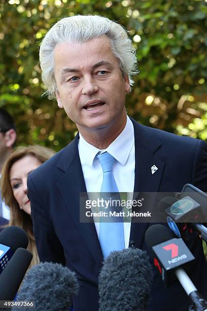 Geert Wilders speaks to media on October 21, 2015 in Perth, Australia. Mr Wilders launched the anti-Islam Australian Liberty Alliance political party...