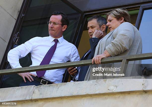 Australian Labor Party MP Mark McGowan and Roger Cook MLA Member for Kwinana look on to the media conference with Geert Wilders on October 21, 2015...