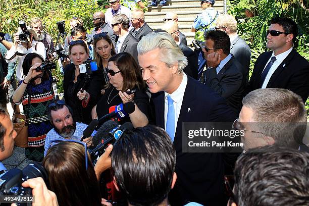 Dutch MP Geert Wilders talks to the media during a press conference outside the Western Australian Parliament House on October 21, 2015 in Perth,...