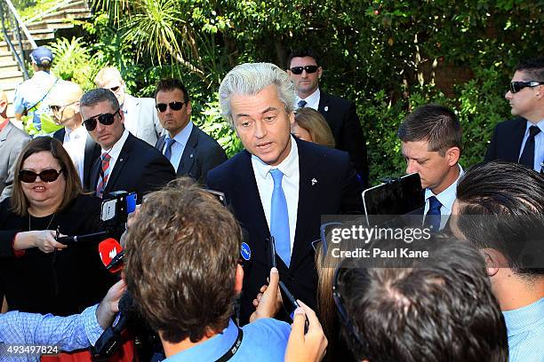 Dutch MP Geert Wilders talks to the media during a press conference outside the Western Australian Parliament House on October 21, 2015 in Perth,...