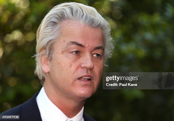 Dutch MP Geert Wilders talks to the media during a press conference outside the Western Australian Parliament House on October 21, 2015 in Perth,...