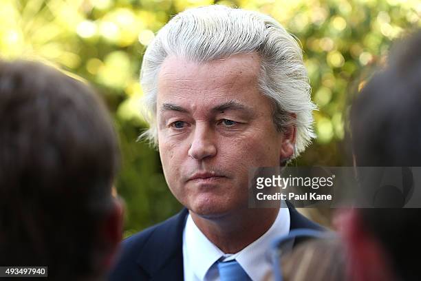 Dutch MP Geert Wilders talks to the media during a press conference outside the Western Australian Parliament House on October 21, 2015 in Perth,...