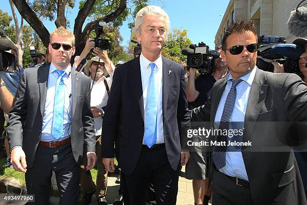 Geert Wilders departs the ALA media conference on October 21, 2015 in Perth, Australia. Mr Wilders launched the anti-Islam Australian Liberty...